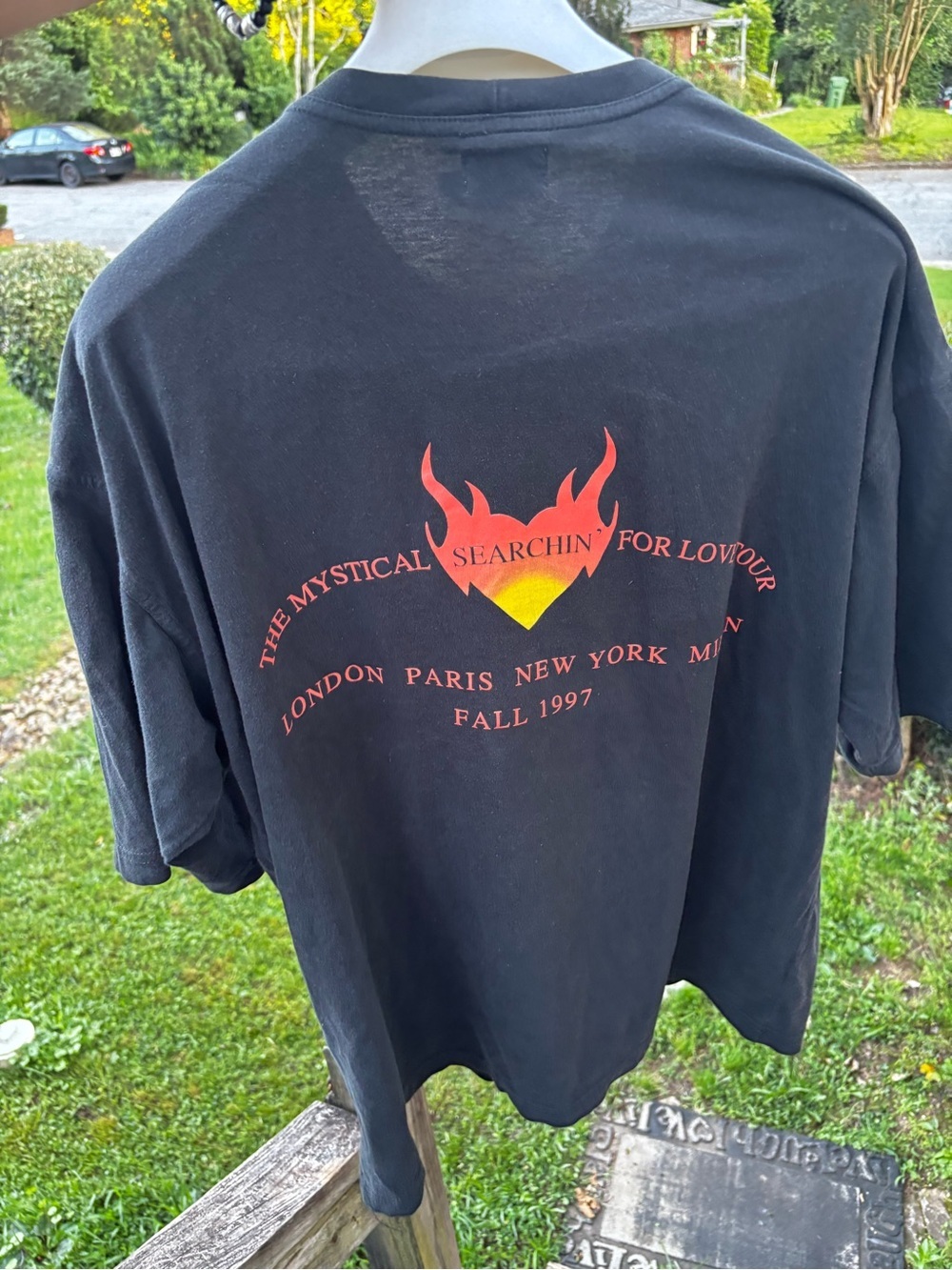 Vintage Versace Black Tee with Red and Yellow Flame Logo Searching for Love - Picture 4 of 15